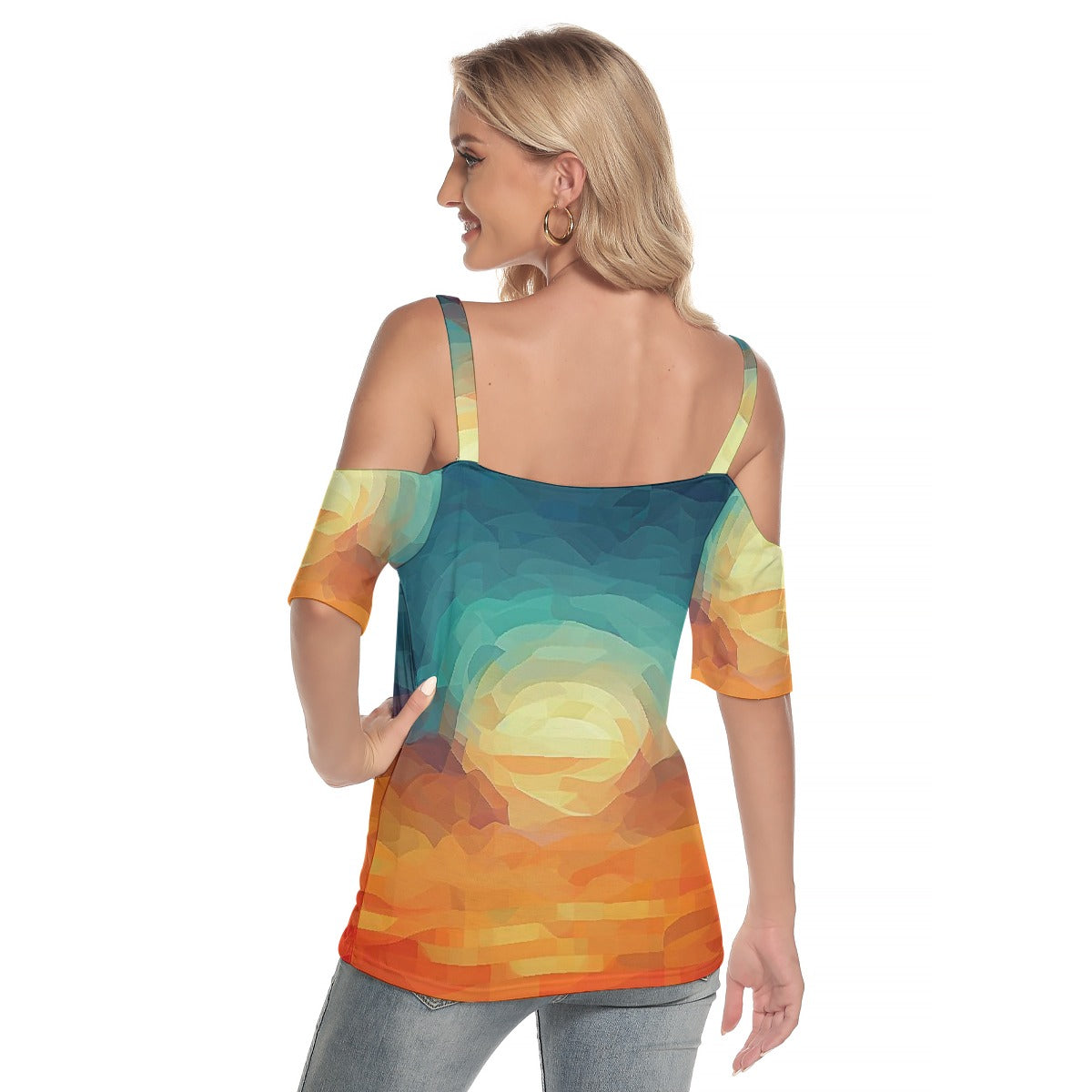 All-Over Print Women's Cold Shoulder T-shirt With Criss Cross Strips