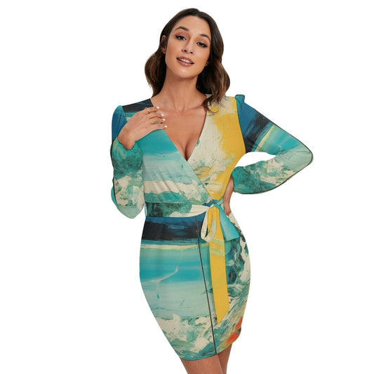 All-Over Print Women's Long Sleeve Dress With Waist Belt