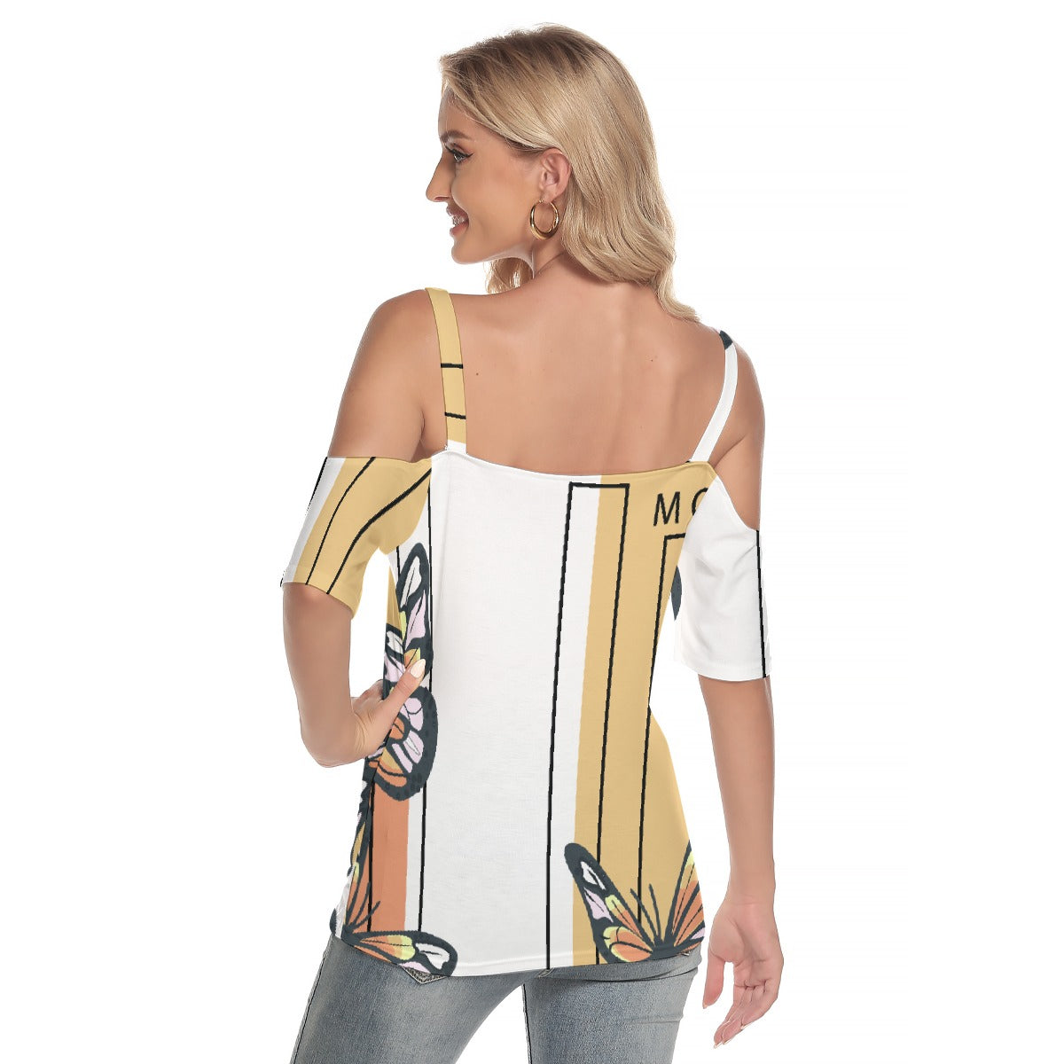 All-Over Print Women's Cold Shoulder T-shirt With Criss Cross Strips