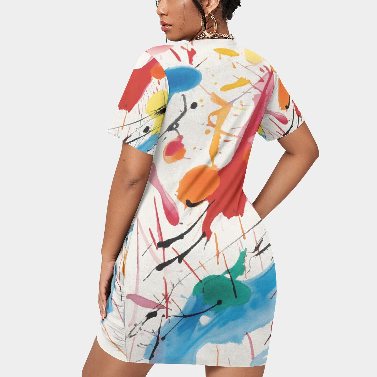 All-Over Print Women’s Stacked Hem Dress With Short Sleeve（Plus Size）