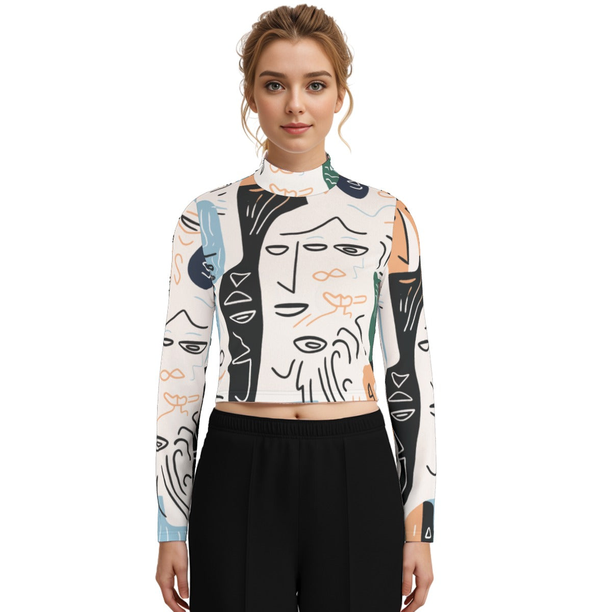 Eco-Friendly All-Over Print Women's Turtleneck T-shirt With Long Sleeve