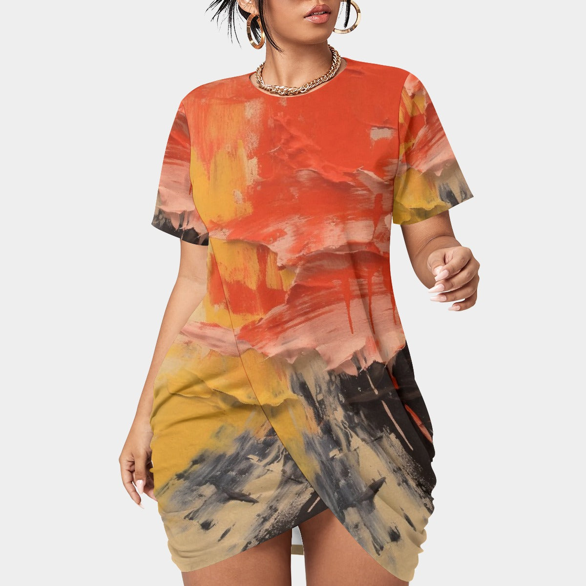 All-Over Print Women’s Stacked Hem Dress With Short Sleeve（Plus Size）