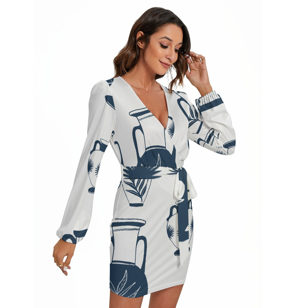 All-Over Print Women's Long Sleeve Dress With Waist Belt