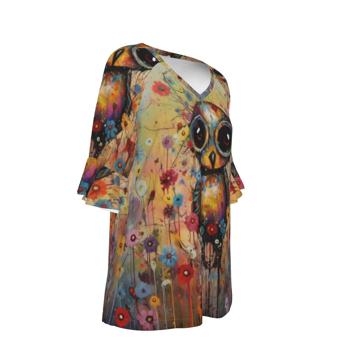 All-Over Print V-neck Women's T-shirt With Bell Sleeve