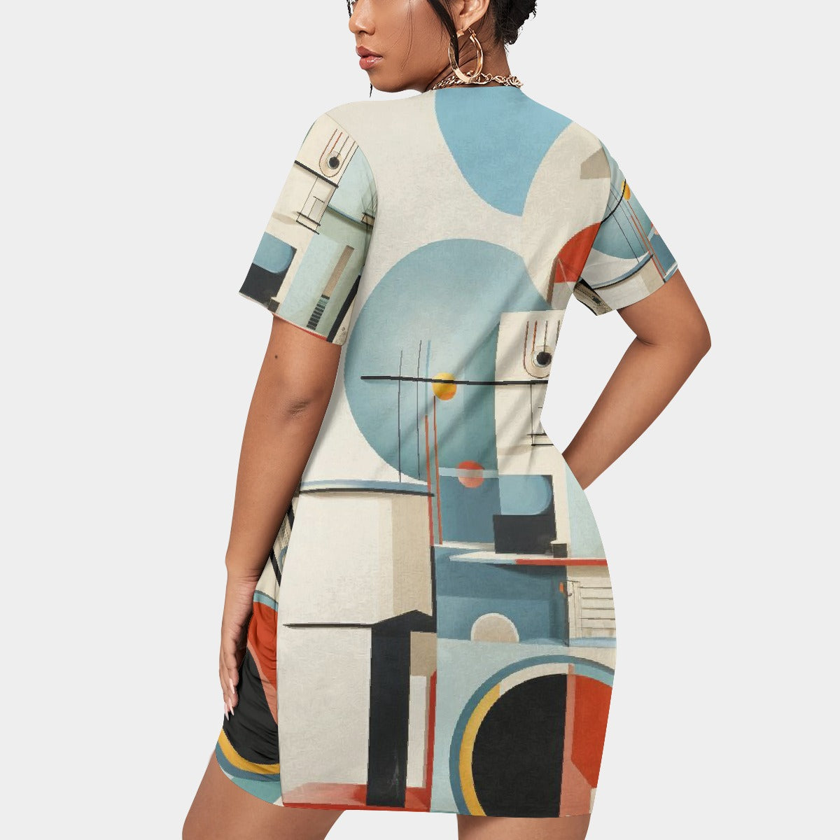 All-Over Print Women’s Stacked Hem Dress With Short Sleeve（Plus Size）