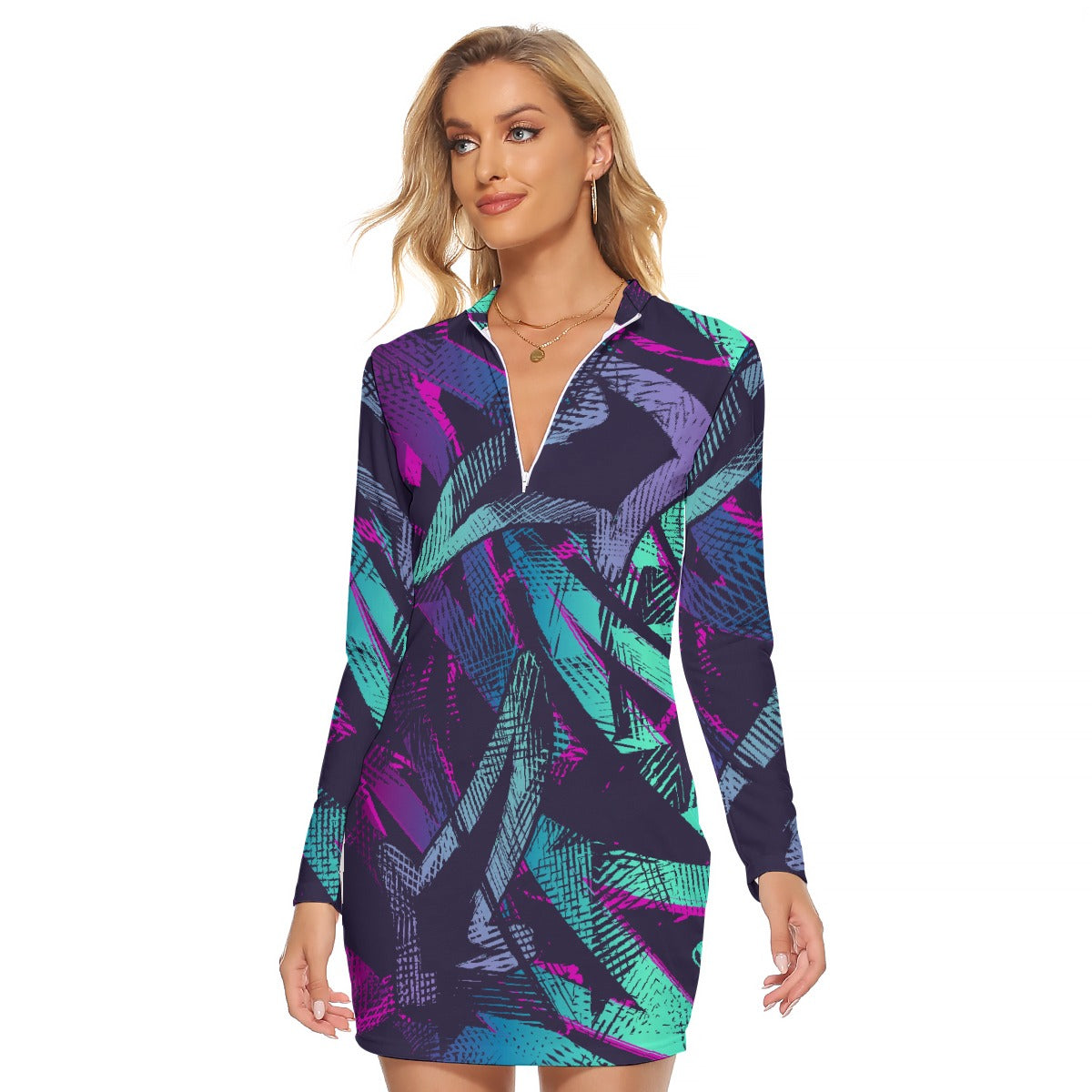 All-Over Print Women's Zip Front Tight Dress