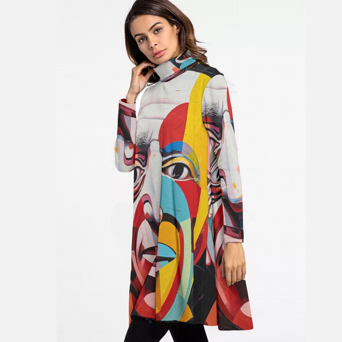 All-Over Print Women's High Neck Dress With Long Sleeve