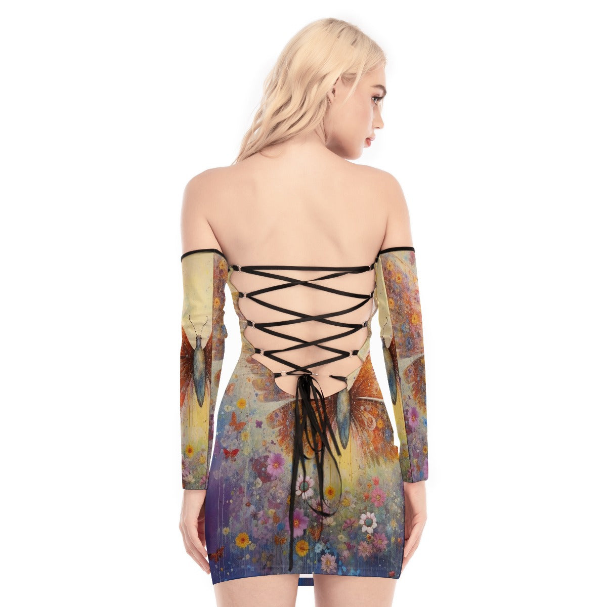 All-Over Print Women's Off-shoulder Back Lace-up Dress