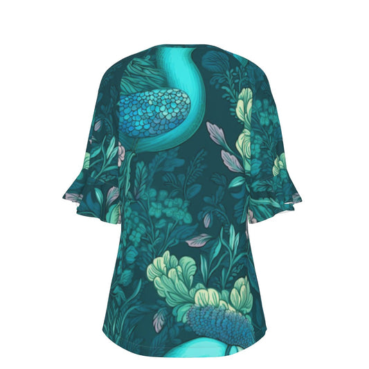 All-Over Print V-neck Women's T-shirt With Bell Sleeve