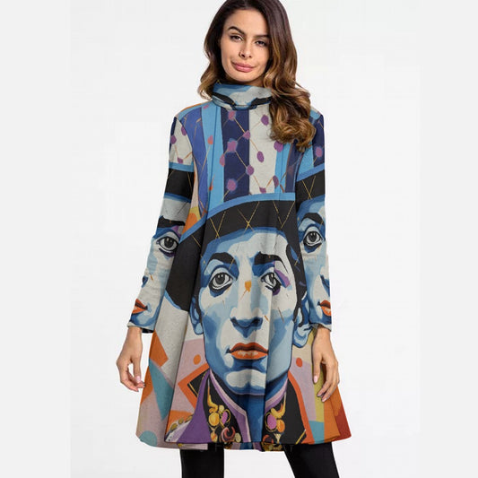 All-Over Print Women's High Neck Dress With Long Sleeve