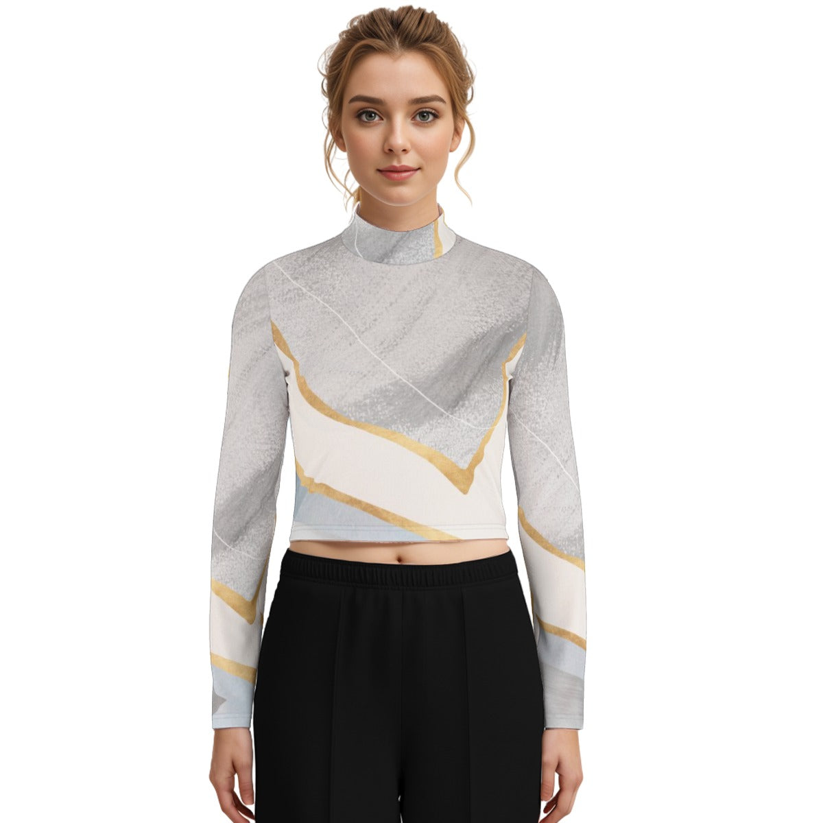 Eco-Friendly All-Over Print Women's Turtleneck T-shirt With Long Sleeve