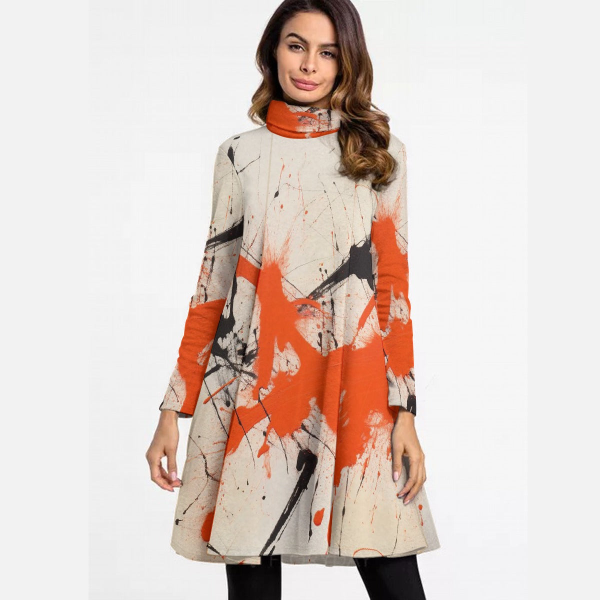 All-Over Print Women's High Neck Dress With Long Sleeve