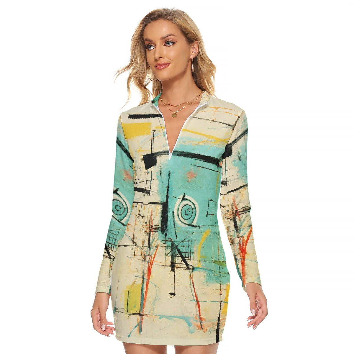 All-Over Print Women's Zip Front Tight Dress