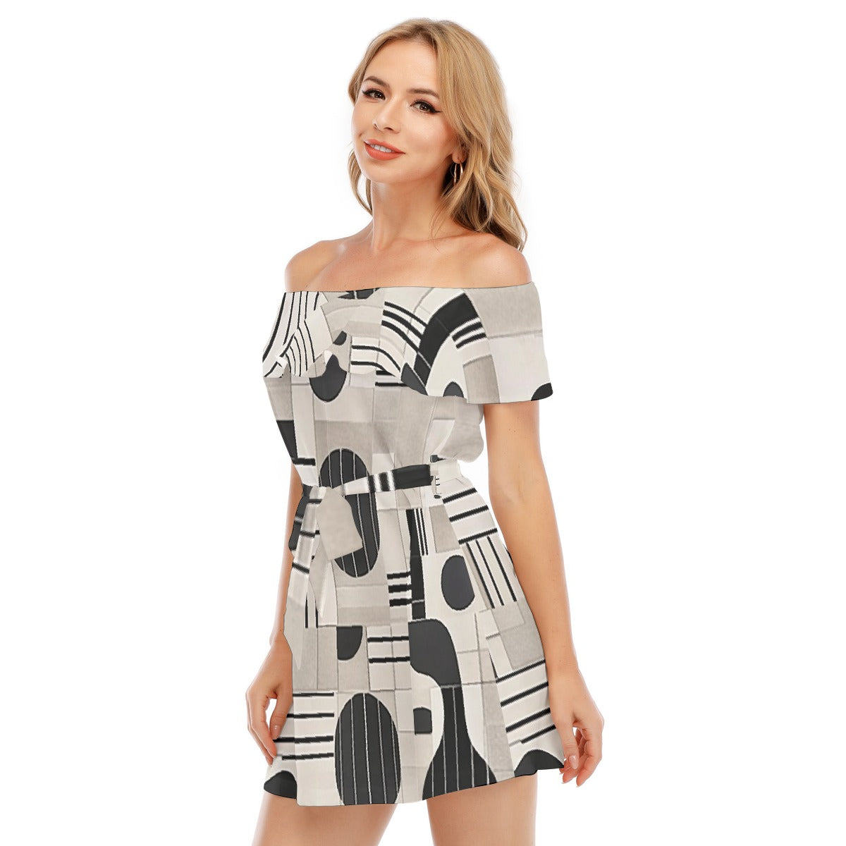 All-Over Print Women's Off-shoulder Dress With Ruffle