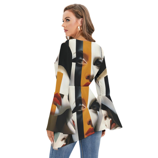 All-Over Print Women's V-neck Blouse With Flared Sleeves