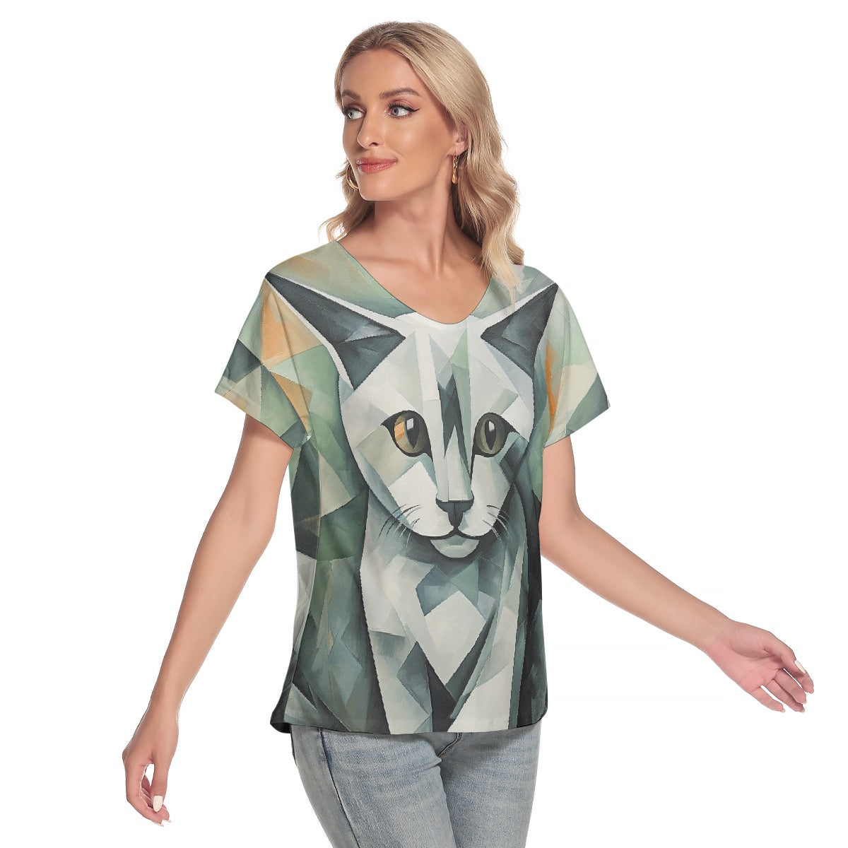 All-Over Print Women's Loose V-neck Short Sleeve T-shirt