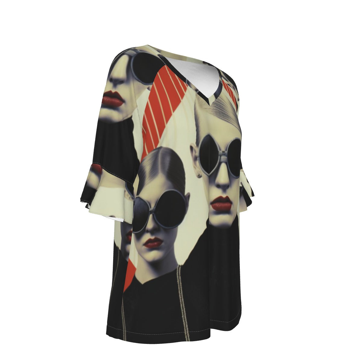 All-Over Print V-neck Women's T-shirt With Bell Sleeve