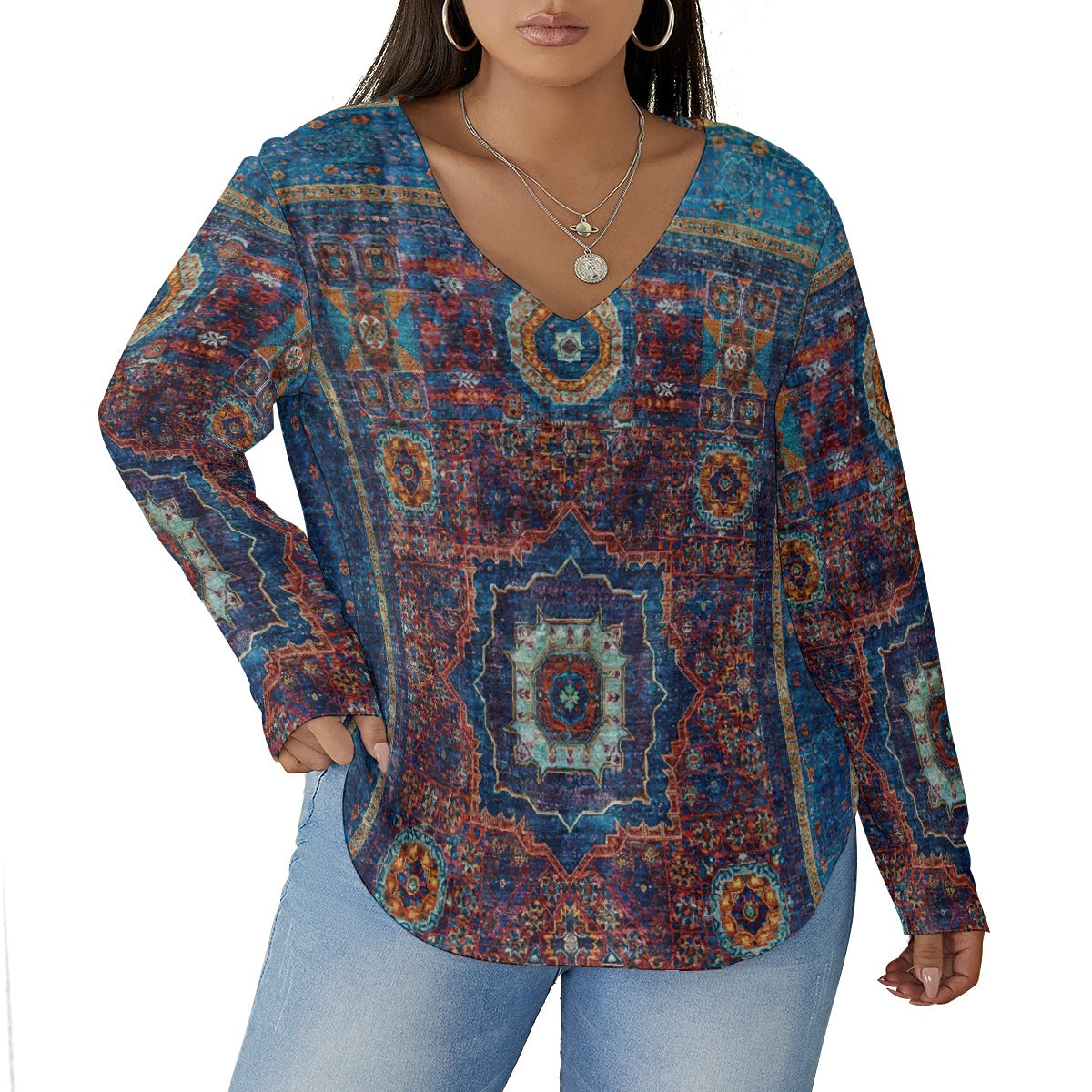 All-Over Print Women's V-neck T-shirt With Curved Hem(Plus Size)