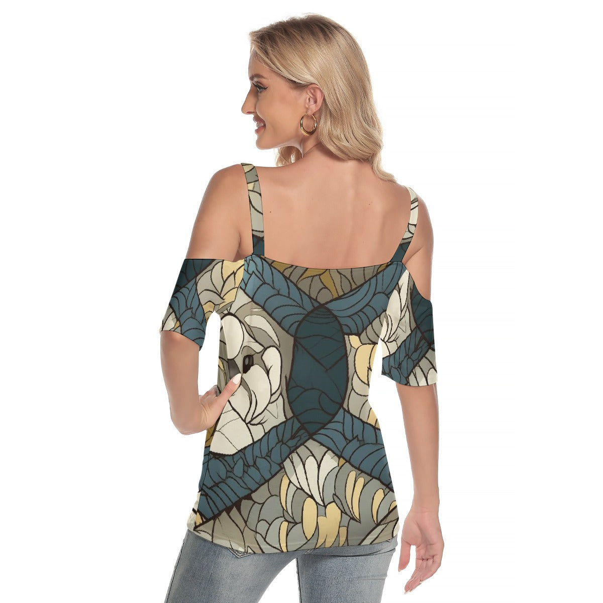 All-Over Print Women's Cold Shoulder T-shirt With Criss Cross Strips