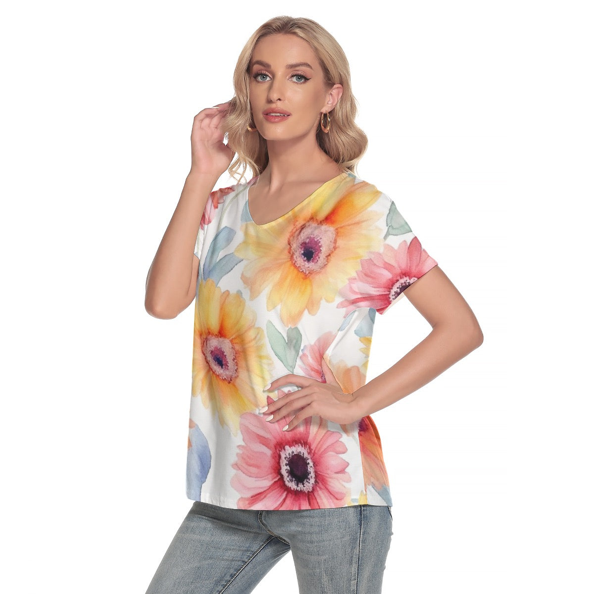 All-Over Print Women's Loose V-neck Short Sleeve T-shirt