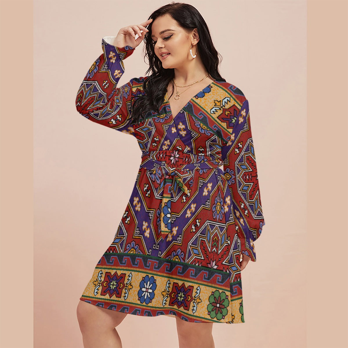 All-Over Print Women's V-neck Dress With Waistband(Plus Size)