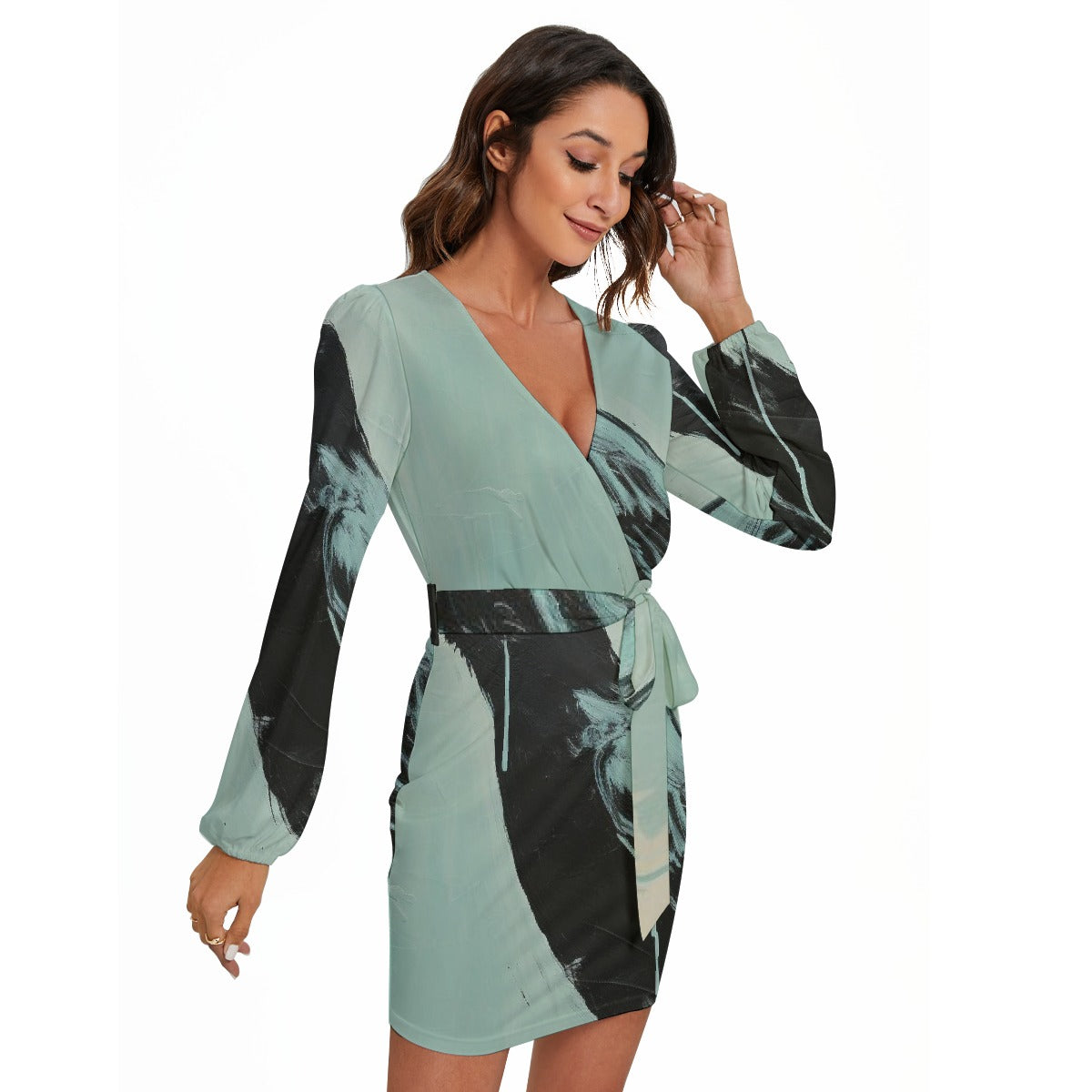 All-Over Print Women's Long Sleeve Dress With Waist Belt