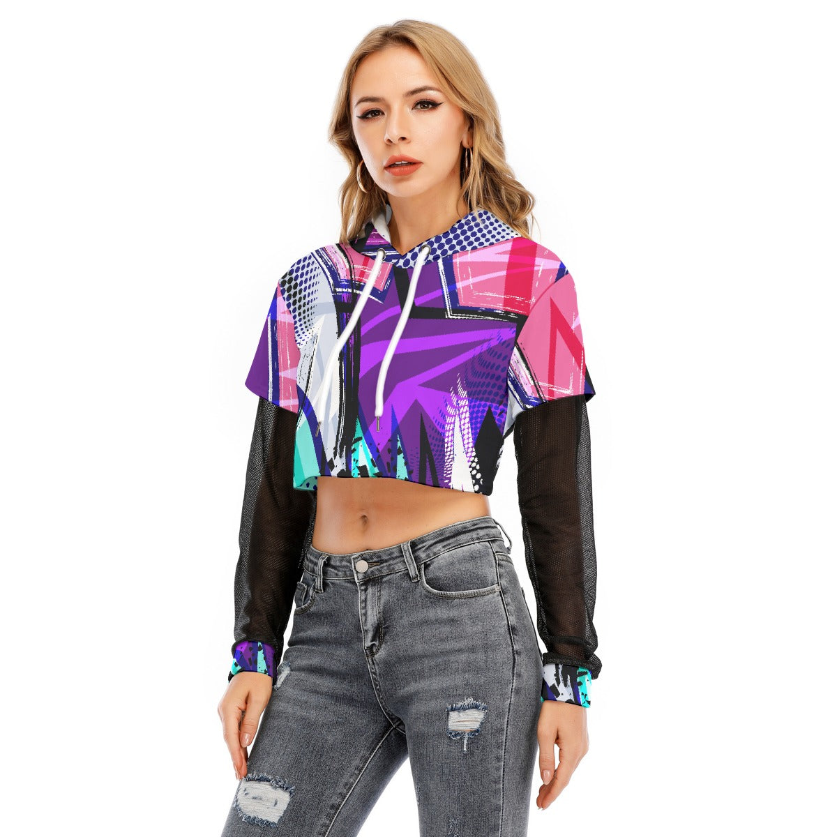 All-Over Print Women's Fake Two-piece Mesh Sleeve Cropped Hoodie