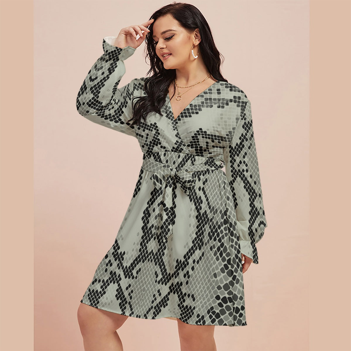 All-Over Print Women's V-neck Dress With Waistband(Plus Size)