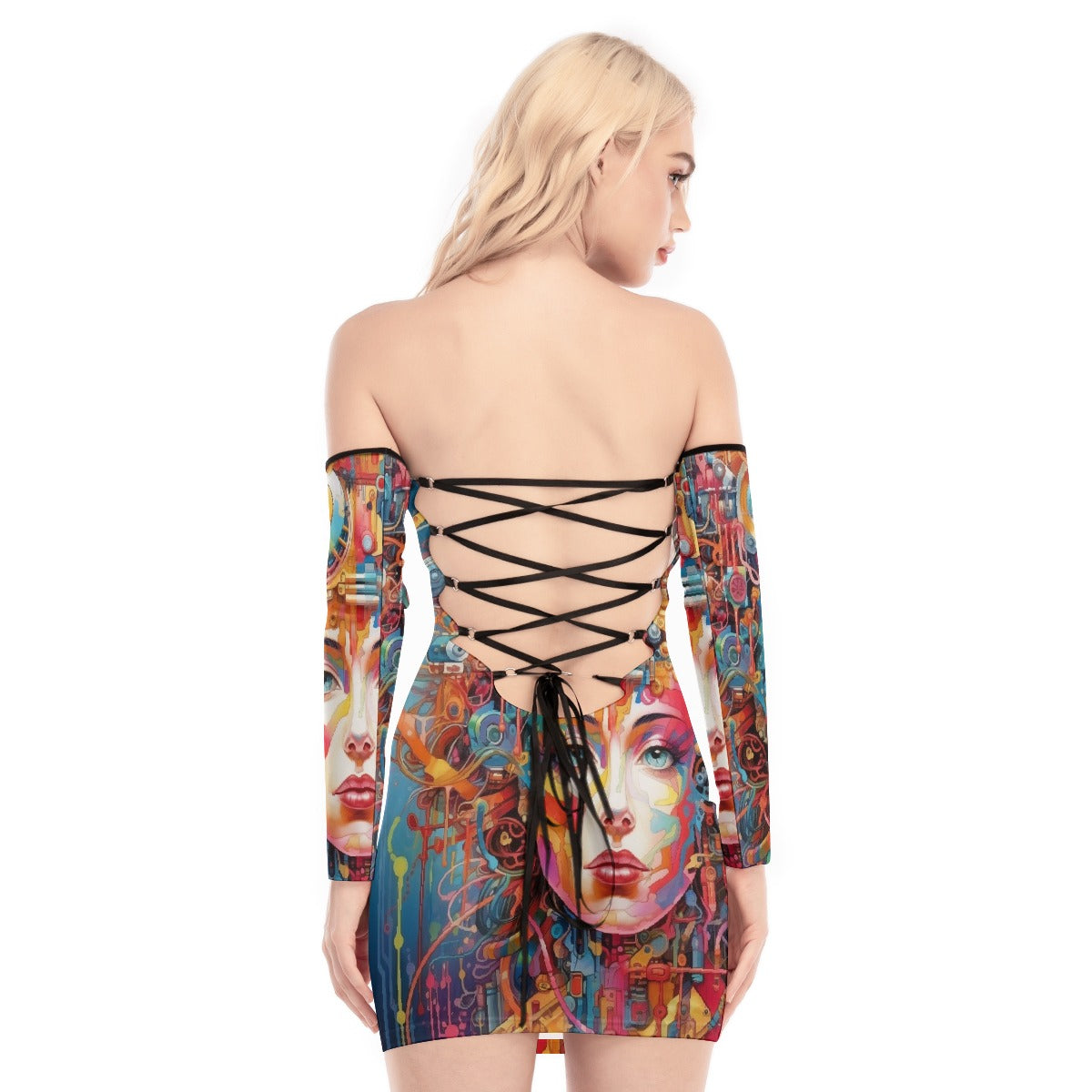 All-Over Print Women's Off-shoulder Back Lace-up Dress