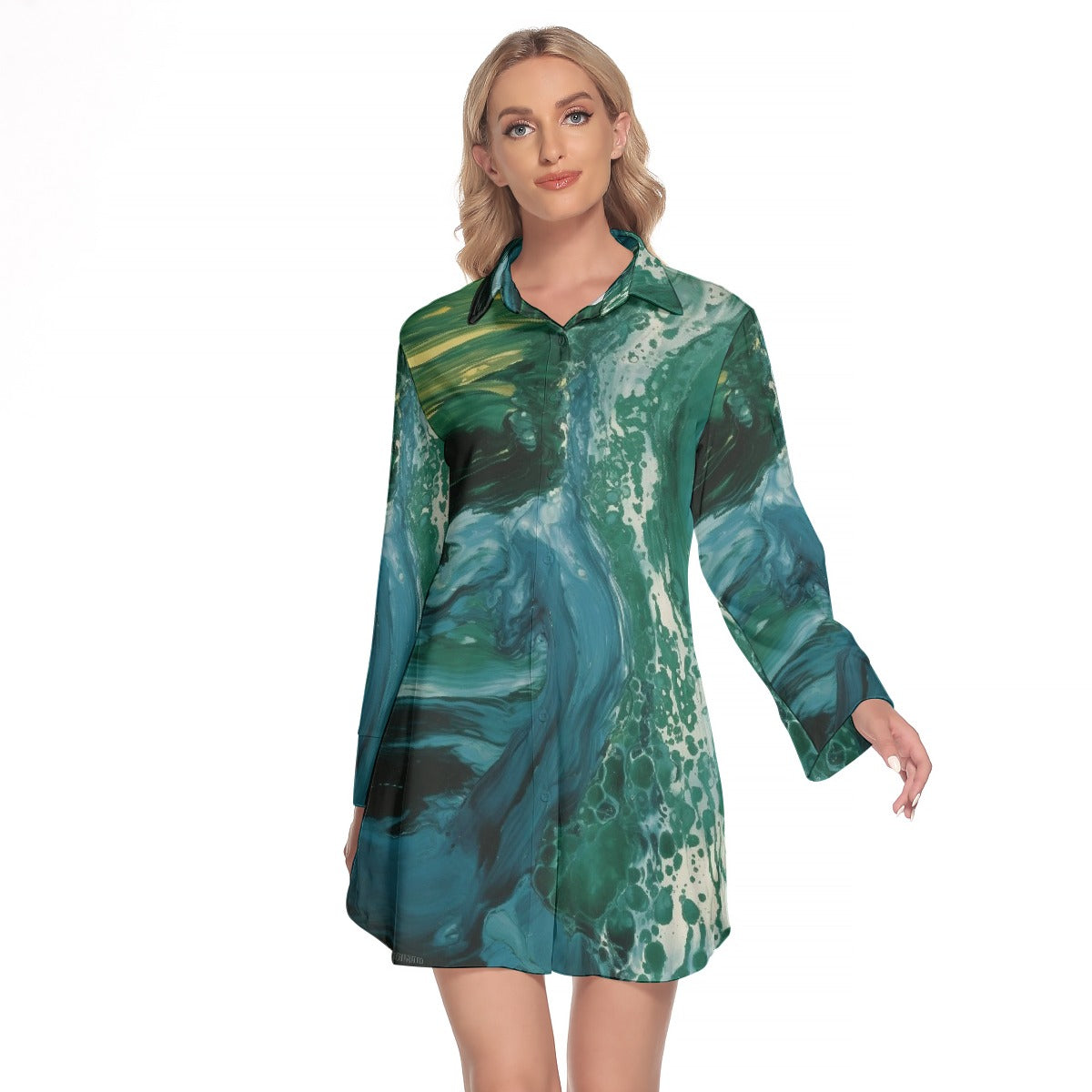 All-Over Print Women's Lapel Shirt Dress With Long Sleeve