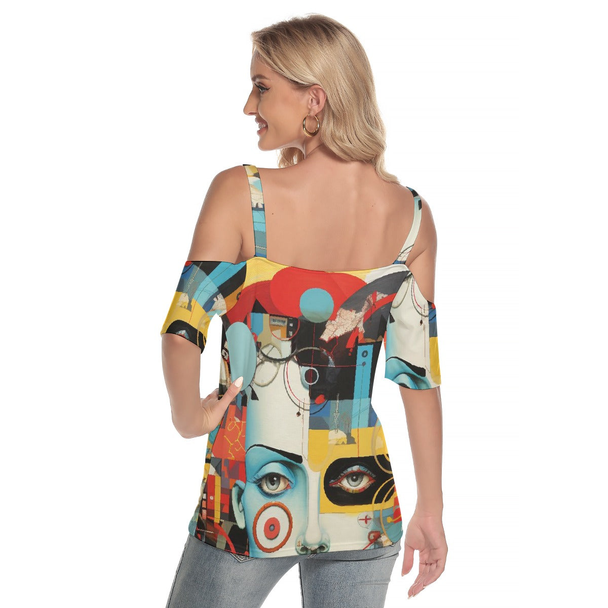 All-Over Print Women's Cold Shoulder T-shirt With Criss Cross Strips