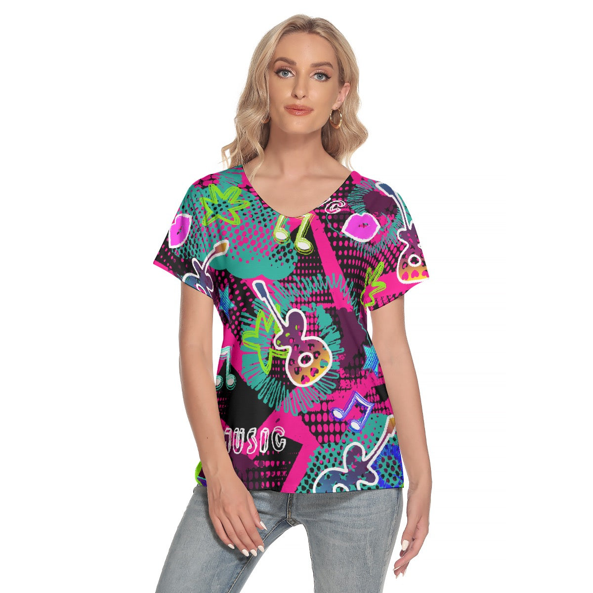 All-Over Print Women's Loose V-neck Short Sleeve T-shirt