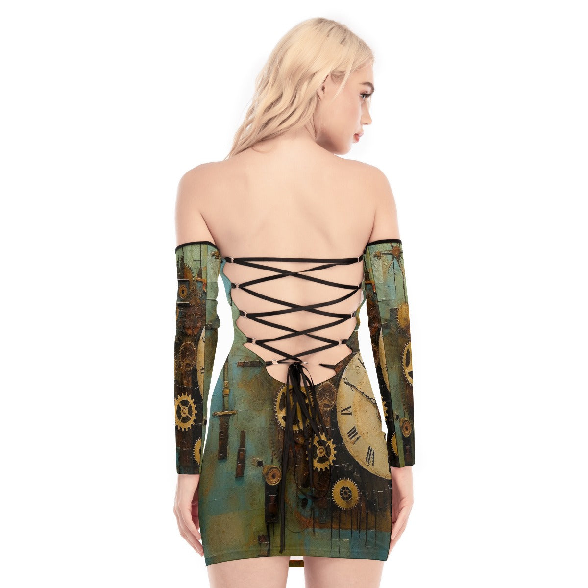 All-Over Print Women's Off-shoulder Back Lace-up Dress