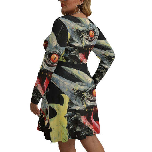 All-Over Print Women's V-neck Long Sleeve Dress(Plus Size)