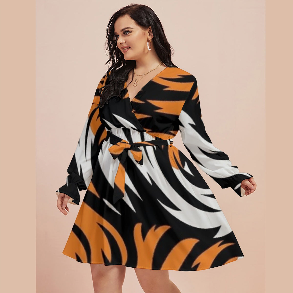 All-Over Print Women's V-neck Dress With Waistband(Plus Size)