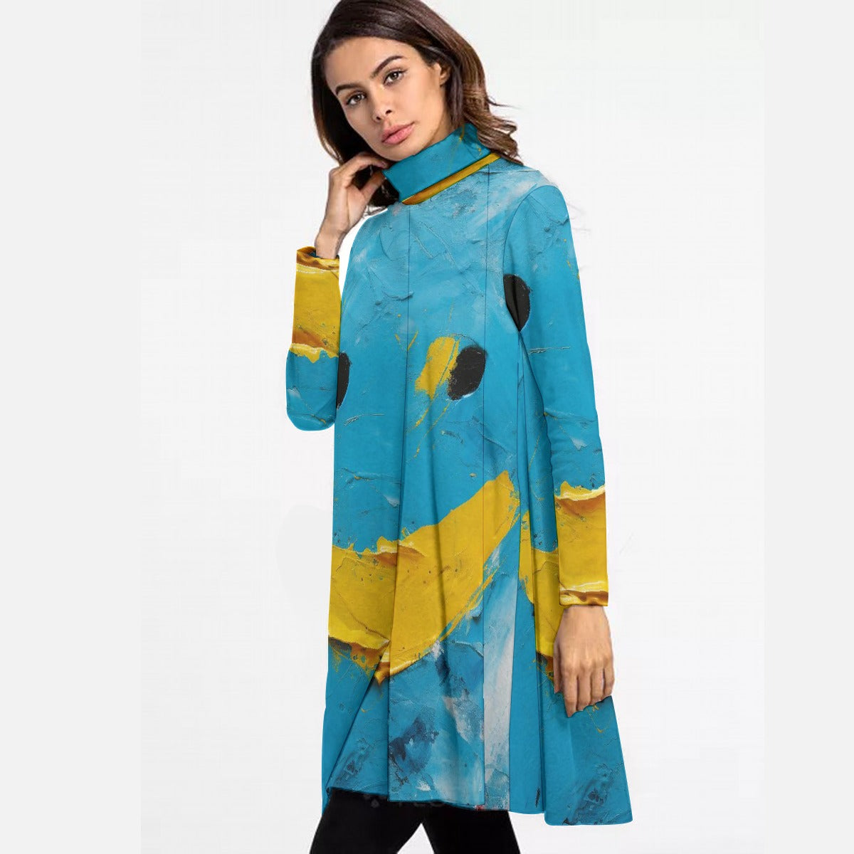 All-Over Print Women's High Neck Dress With Long Sleeve