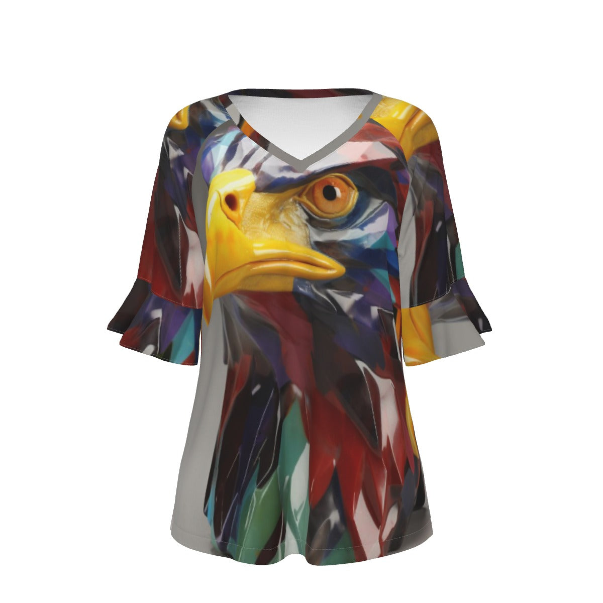 All-Over Print V-neck Women's T-shirt With Bell Sleeve