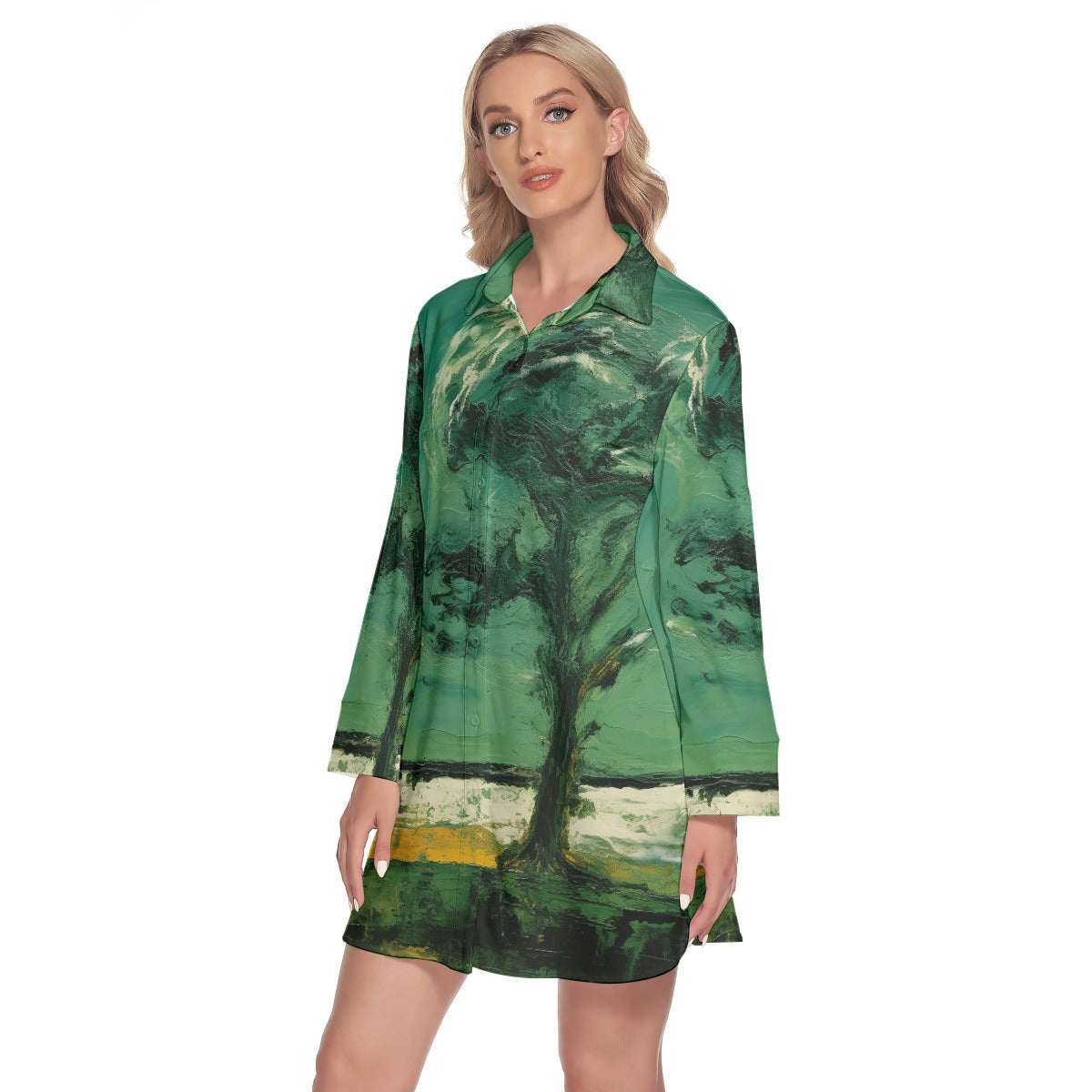 All-Over Print Women's Lapel Shirt Dress With Long Sleeve