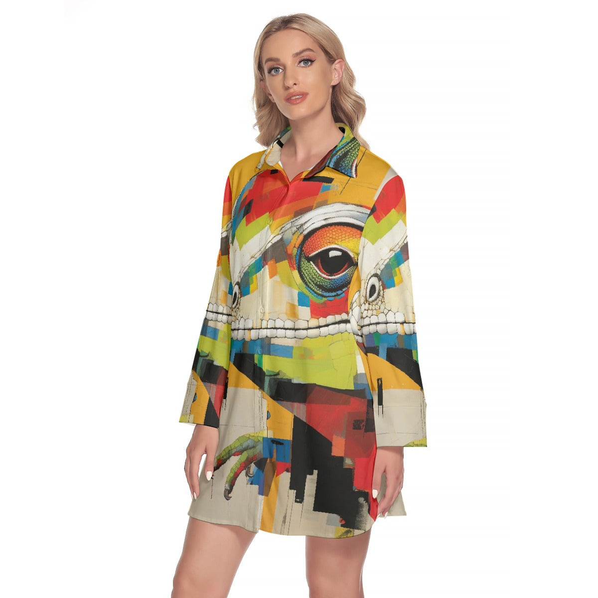 All-Over Print Women's Lapel Shirt Dress With Long Sleeve