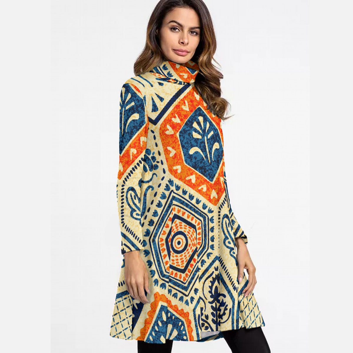 All-Over Print Women's High Neck Dress With Long Sleeve