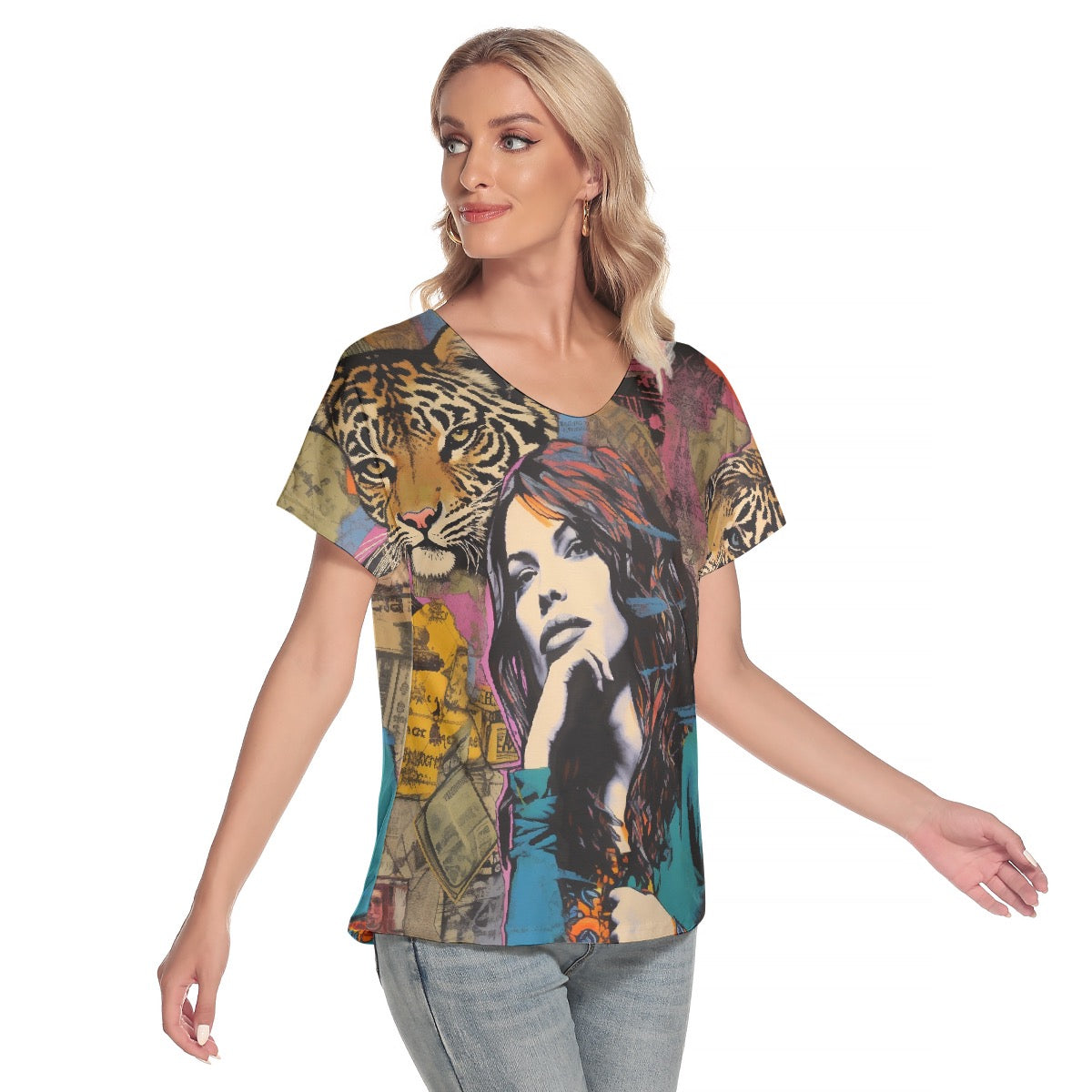 All-Over Print Women's Loose V-neck Short Sleeve T-shirt