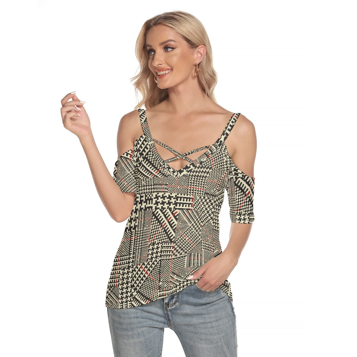 All-Over Print Women's Cold Shoulder T-shirt With Criss Cross Strips