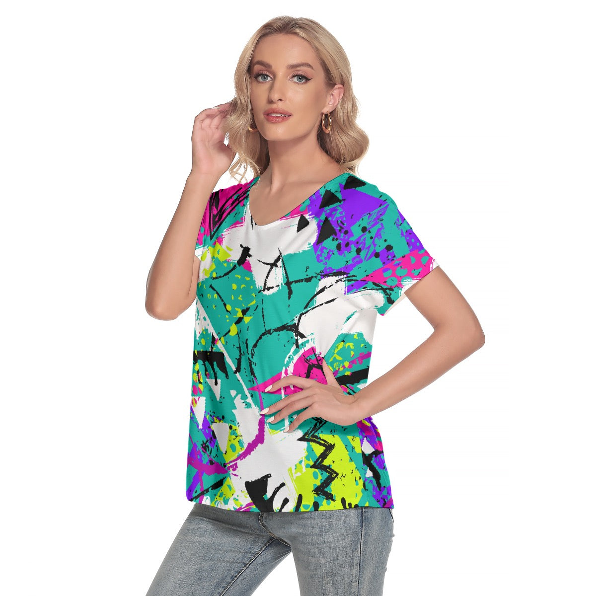 All-Over Print Women's Loose V-neck Short Sleeve T-shirt