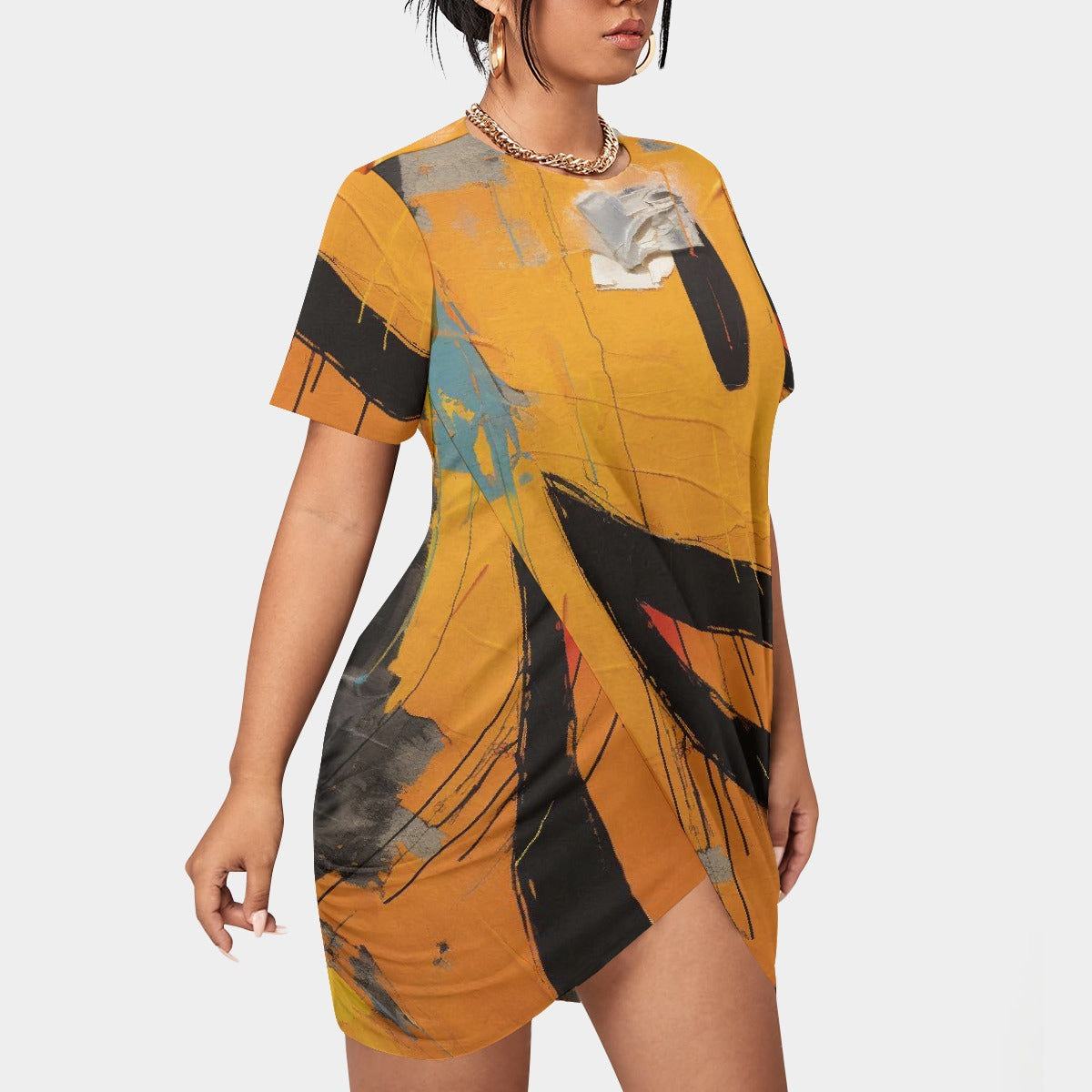 All-Over Print Women’s Stacked Hem Dress With Short Sleeve（Plus Size）