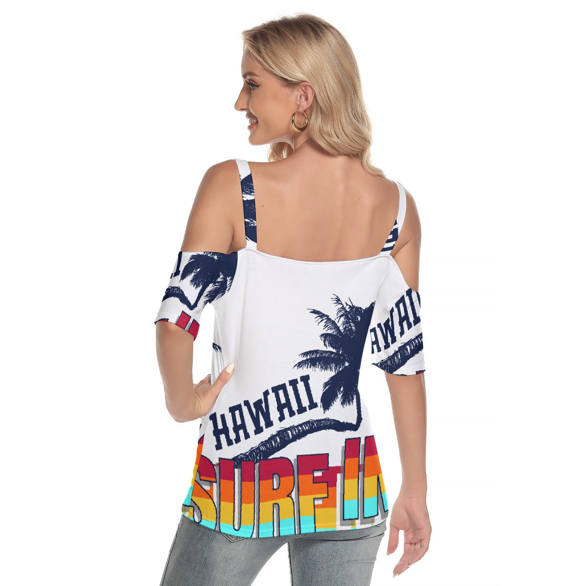 All-Over Print Women's Cold Shoulder T-shirt With Criss Cross Strips