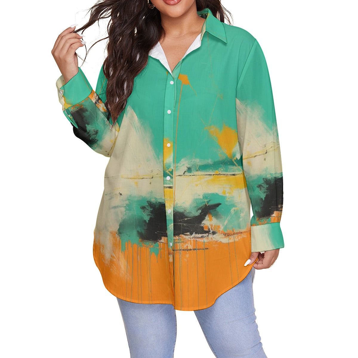 All-Over Print Women's Shirt With Long Sleeve(Plus Size)