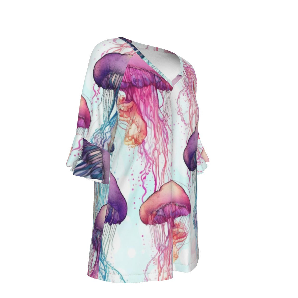 All-Over Print V-neck Women's T-shirt With Bell Sleeve