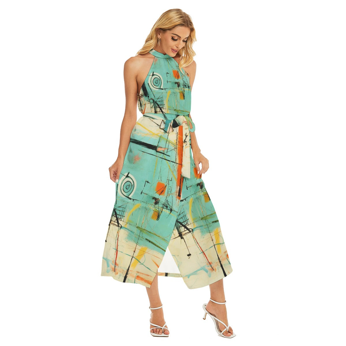 All-Over Print Women's Wrap Hem Belted Halter Dress