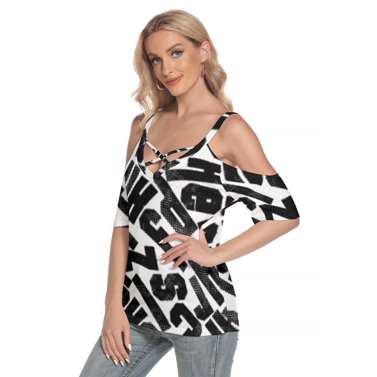 All-Over Print Women's Cold Shoulder T-shirt With Criss Cross Strips