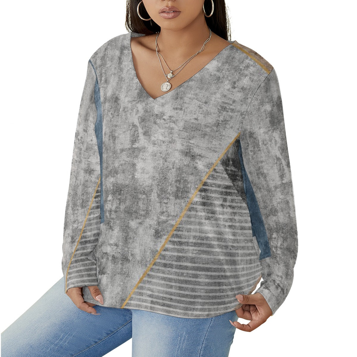 All-Over Print Women's V-neck T-shirt With Curved Hem(Plus Size)